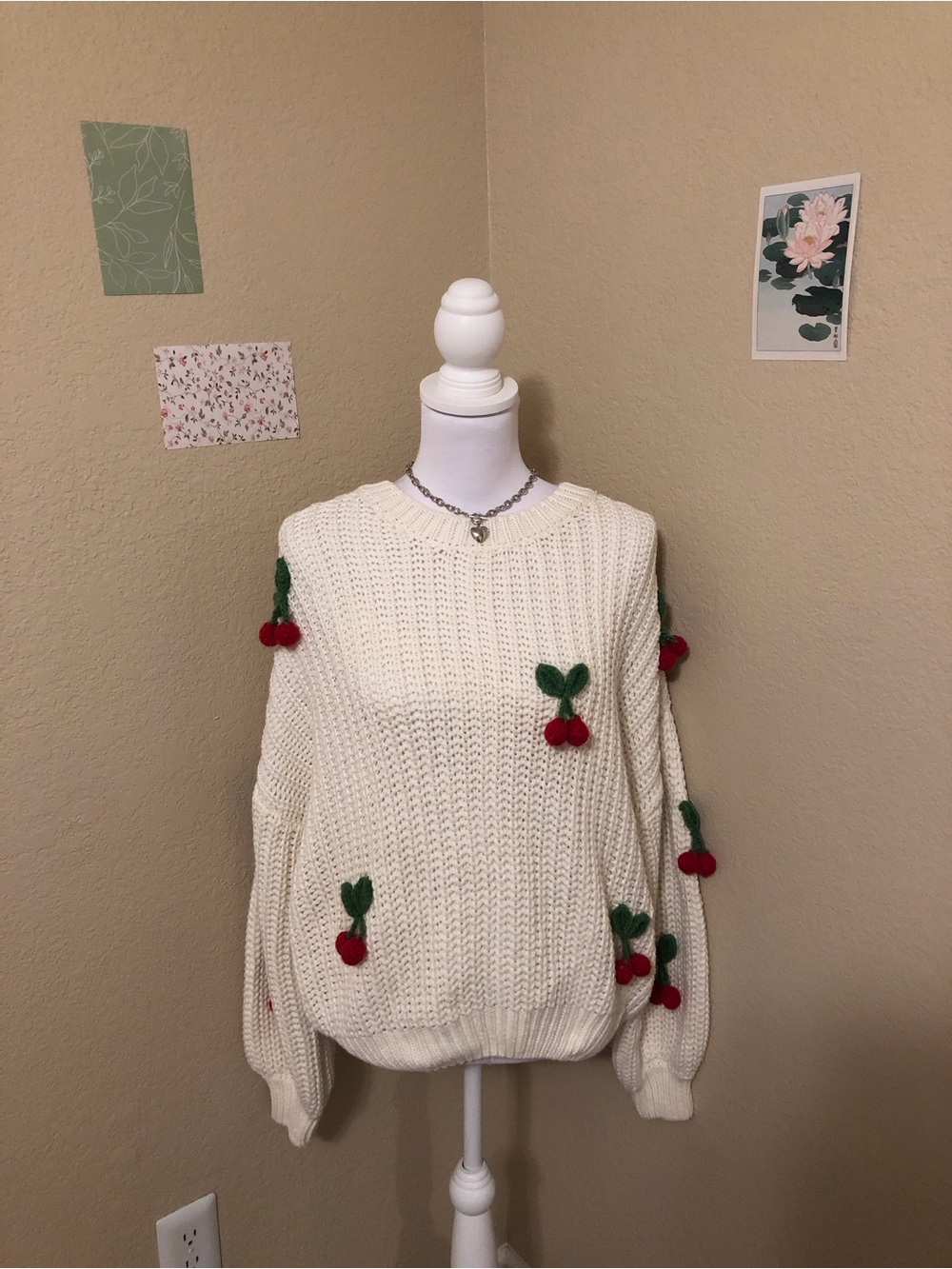 bohme Cream Knit Sweater with Red Cherry Appliqués